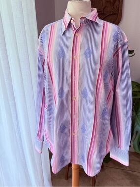 Robert Graham Striped Button Down Shirt Embroidered Flip Cuff Large